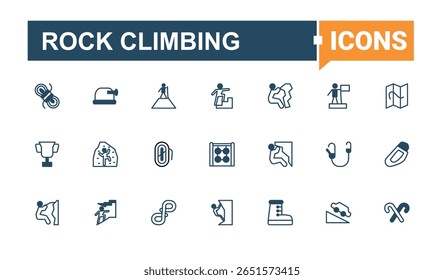 Rock Escalada simples conjunto de ícones. Contém símbolos como escalada, aventura, montanha, acampamento e muito mais. Ícone de escalada definido em estilo linear. Traço editável de linha sólida. Pixel perfeito.