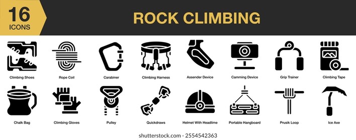 Rock Climbing solid icon set. Includes shoes, carabiner, tape, trainer, ice axe, pulley, chalk bag, grip, and More. Solid icons vector collection.