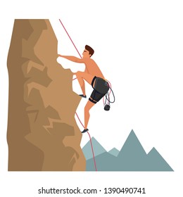 Rock climbing sport flat vector illustration. Alpinist with safe rope cartoon character. Extreme sports isolated design element. Outdoor activity, adventure in mountains. Summer time hiking campaign