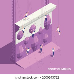 Rock climbing sport indoor gym wall isometric element with handholds footholds top roping climbers background vector illustration