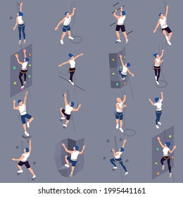 Rock climbing sport wall training isometric isolated set with bouldering top roping climbers grey background vector illustration