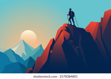 Rock climbing. The traveler climbed to the top of the mountain at dawn against the backdrop of high mountains and the sun. Hiking and mountaineering concept.