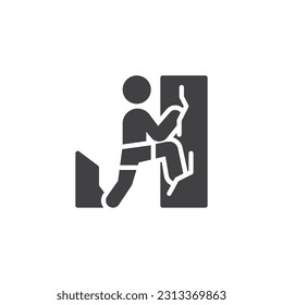 Icono vectorial de escalada rocosa. signo plano relleno para concepto móvil y diseño web. Hombre trepa al ícono de glifo de montaña. Símbolo, ilustración del logotipo. Gráficos vectoriales