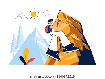 Rock Climbing Vector Illustration Featuring a Climber Ascending a Rock Wall or Mountain Cliffs as Part of Extreme Sports in a Flat Style Background