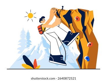 Rock Climbing Vector Illustration Featuring a Climber Ascending a Rock Wall or Mountain Cliffs as Part of Extreme Sports in a Flat Style Background