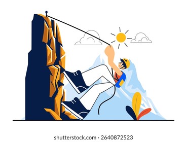 Rock Climbing Vector Illustration Featuring a Climber Ascending a Rock Wall or Mountain Cliffs as Part of Extreme Sports in a Flat Style Background