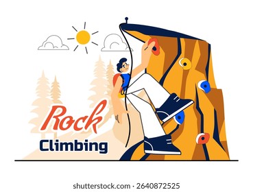 Rock Climbing Vector Illustration Featuring a Climber Ascending a Rock Wall or Mountain Cliffs as Part of Extreme Sports in a Flat Style Background