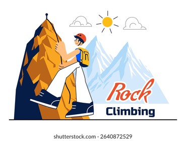 Rock Climbing Vector Illustration Featuring a Climber Ascending a Rock Wall or Mountain Cliffs as Part of Extreme Sports in a Flat Style Background