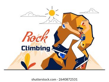 Rock Climbing Vector Illustration Featuring a Climber Ascending a Rock Wall or Mountain Cliffs as Part of Extreme Sports in a Flat Style Background