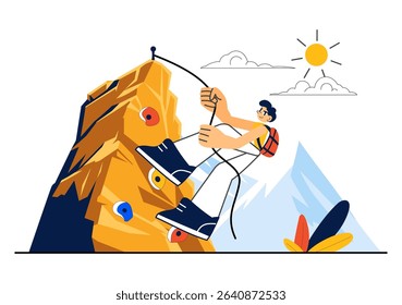 Rock Climbing Vector Illustration Featuring a Climber Ascending a Rock Wall or Mountain Cliffs as Part of Extreme Sports in a Flat Style Background
