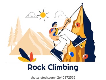 Rock Climbing Vector Illustration Featuring a Climber Ascending a Rock Wall or Mountain Cliffs as Part of Extreme Sports in a Flat Style Background