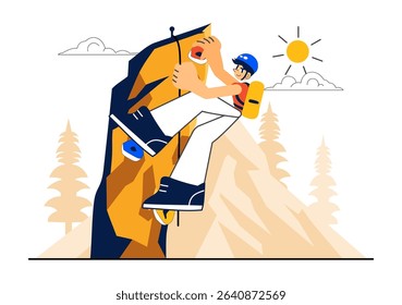 Rock Climbing Vector Illustration Featuring a Climber Ascending a Rock Wall or Mountain Cliffs as Part of Extreme Sports in a Flat Style Background