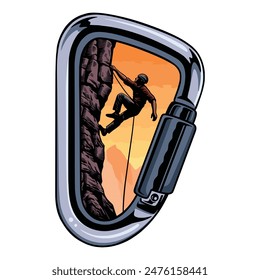 Rock climbing vector illustration with sunset mountain background in carabiner frame