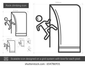 Rock climbing vector line icon isolated on white background. Rock climbing line icon for infographic, website or app. Scalable icon designed on a grid system.