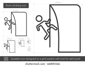 Icono de línea vectorial de escalada rocosa aislado en fondo blanco. Icono de la línea de escalada para infografía, sitio web o aplicación. Icono escalable diseñado en un sistema de cuadrícula.