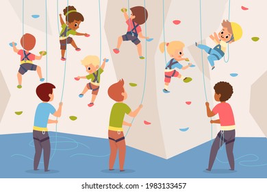 Rock climbing wall. Boys and girls team climb up stone dummy, adults insure children below, children crawling up wall with colored ledges, kids extreme mountaineering section vector concept