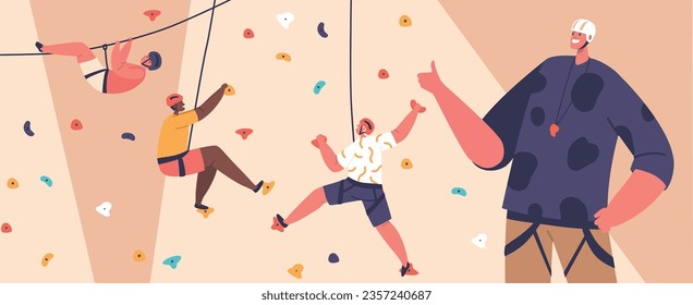 Rock Climbing Wall. Boys And Girls Team Climb Up Stone Dummy With Help Of Adult Trainer Below, Vector Illustration