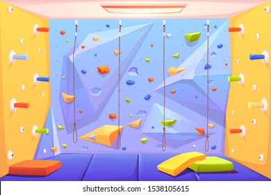 Rock climbing wall with grips, mats and ropes for bouldering activity in gym or recreation area for scaling in amusement park or kids playground. Alpinism training place. Cartoon vector illustration