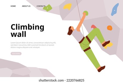 Rock climbing webpage template. A person is doing indoor rock climbing. flat vector illustration.