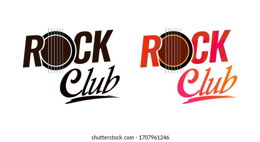 Rock club emblem isolated on white background with guitar illustration and Style Lettering