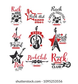 Rock club logo design set, label for music festival vector Illustrations on a white background