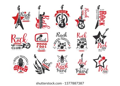 Rock club logo design set, label for music festival vector Illustrations on a white background