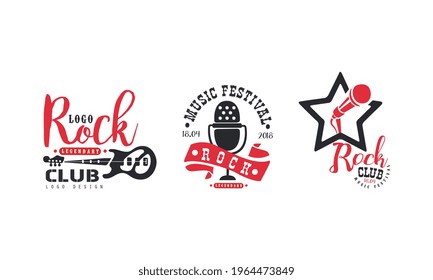 Juego de diseño de logotipos para clubes rockeros, legendario Festival de música Ilustración de vectores de distintivos retro