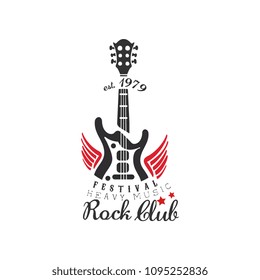 Rock club logo, heavy music festival est. 1979, design element with electric guitar can be used for poster, banner, flyer, print or stamp vector Illustration on a white background