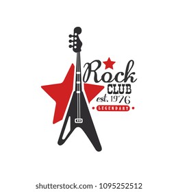 Rock club logo, legendary est. 1976, design element with electric guitar can be used for poster, banner, flyer, print or stamp vector Illustration on a white background