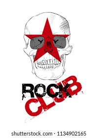 Rock club. Skull sketch & red grunge star. Vector design element