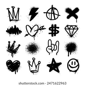 Rock collection of Graffiti spray symbols and grunge icons: heart, diamond, star, rock, crown - isolated vector on white background. Street Art and Rock Doodle icons and elemets in graffiti style (1)