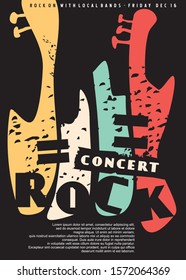 Rock concert abstract artistic poster design. Cubism style colorful guitar shapes on dark background. Conceptual lifestyle vector illustration.