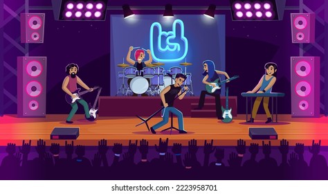 Rock concert with a band performing on a stage of a music festival. Rocker characters playing instruments: drums, guitar, keys. Popular metal group on a scene. Cartoon style vector illustration.