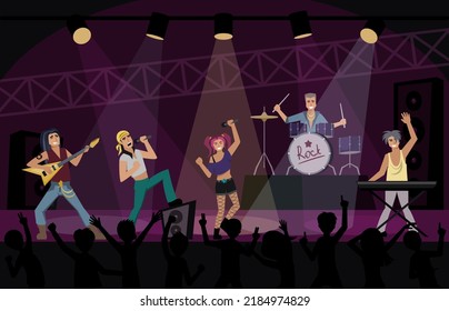 rock concert. expressive musician singing and playing on guitars and drums on podium dancers. Vector rock people cartoon background