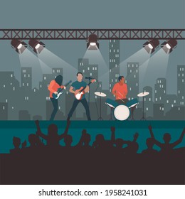 Rock Concert Festival, Popular Band On Stage, Cartoon Fans And Spectatos Listen To Music, Entertainment Show And World Tour. Vector Rock And Roll, Punk Or Metal, Singer And Spectators Illustration