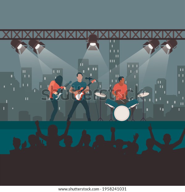 Rock concert festival, popular band on\
stage, cartoon fans and spectatos listen to music, entertainment\
show and world tour. Vector rock and roll, punk or metal, singer\
and spectators\
illustration