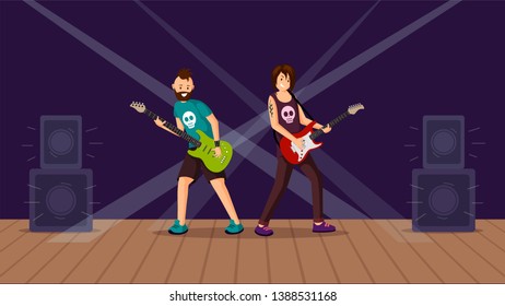 Rock concert flat vector illustration. Punk musicians playing electric guitars, performing on stage in spotlight. Heavy metal festival, contest participants wearing clothes with skulls