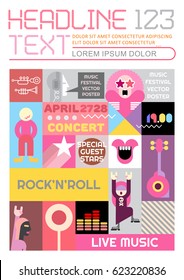 Rock concert flyer design. Vector template, size A4. Musical magazine front page layout. 