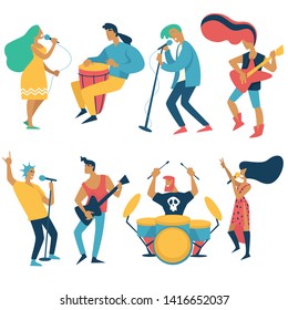 Rock concert and folk music singers and musicians isolated characters vector men and women microphone and tomtom electric guitar and drums vocalists and players musical instruments live sound