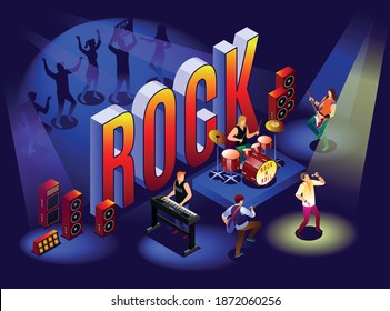 Rock concert and isometric word Rock. Rock musicians and fans illustration isometric icons on isolated background