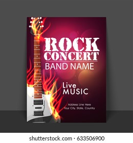 Rock Concert, Live Music Party Flyer, Template or Banner with illustration of Guitar in fire.