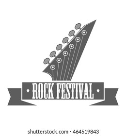 Rock concert logotype. Design element with guitar freatboard and ribbon isolated on white background. Emblem of music festival for posters or flyers. Vector illustration.