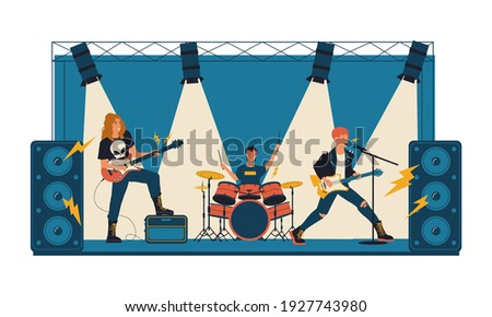 Rock concert. Metal band playing live music on stage illuminated by spotlights. Youth musical festival. Cartoon popular people singing with microphone and sound equipment. Vector group of musicians