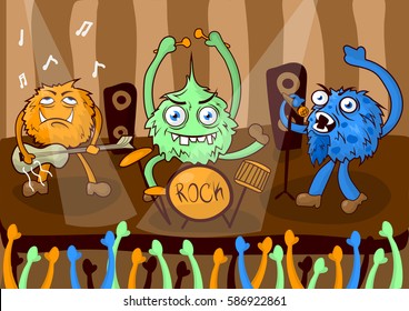 Rock concert music band on stage of cartoon monsters or dressed and disguised singers. Vector illustration