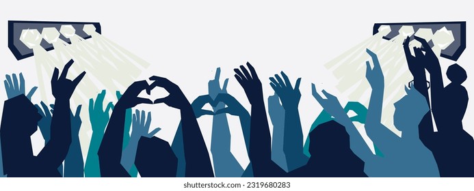 Rock concert music festival background with crowd of people greeting rock band, flat vector illustration. Backdrop for music festival or concert.