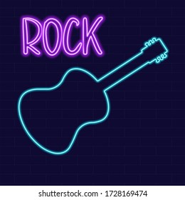 Rock concert Neon sign on dark background vector illustration with guitar. Logo design template. Light banner, glowing neon signboard for advertising. Music festival.