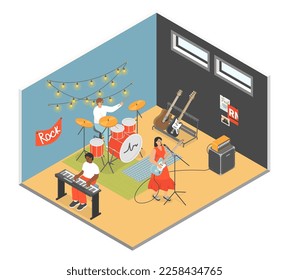 Rock concert on stage - modern vector colorful isometric illustration. Guitarist and vocalist in red dress, pianist and drummer put on a live show in bar or garage. Atmosphere, music and drive idea