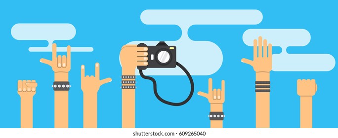 Rock concert outdoors,hands up,picture on the background,Vector image, flat design