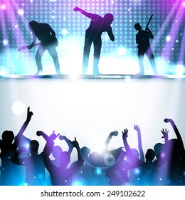 Rock concert party background with silhouettes of dancing people and band - vector