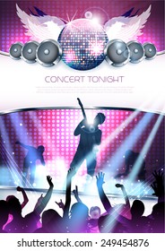 Rock concert party background with silhouettes of dancing people and band - vector
